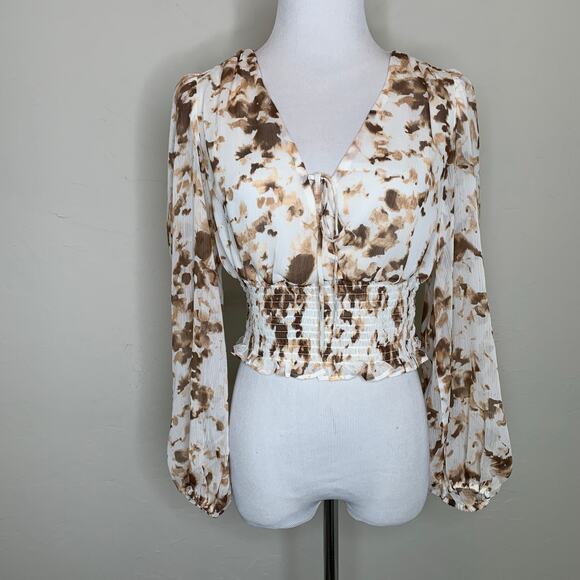 NWT Express Fall Crop Top Long Sleeve Chiffon Sz XS Brown Cream - Picture 1 of 10